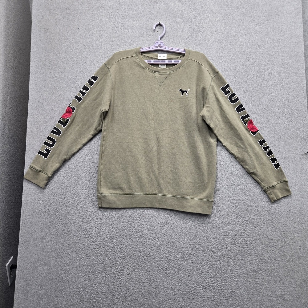 PINK Victoria's Secret Women Sweatshirt M Green Floral Dog Logo Embroidered READ